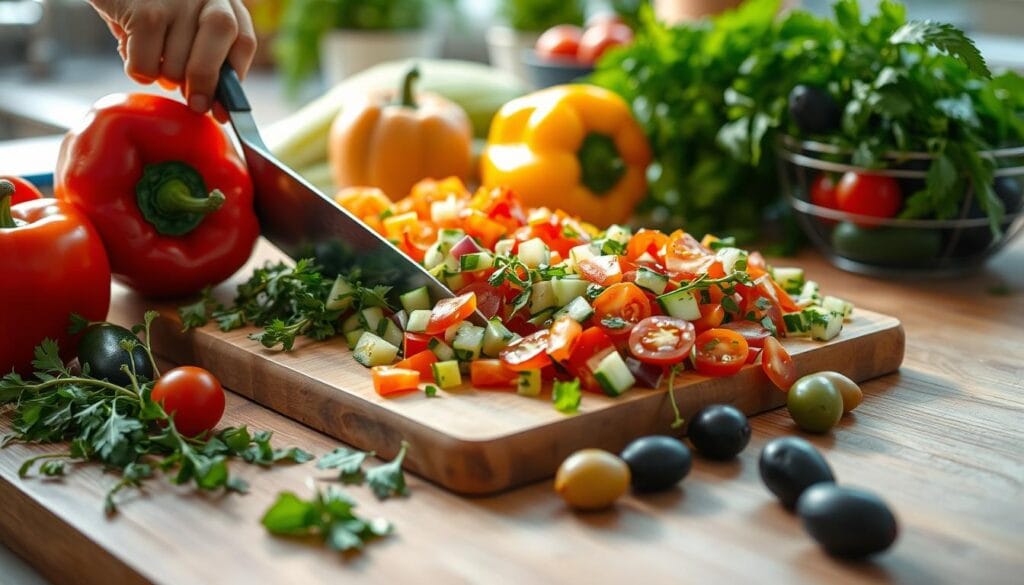 Chopping vegetables for Italian pasta salad